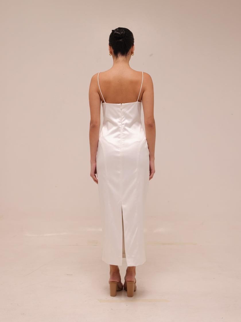 Square-Neck Back-Slit Slim Satin Midi Dress