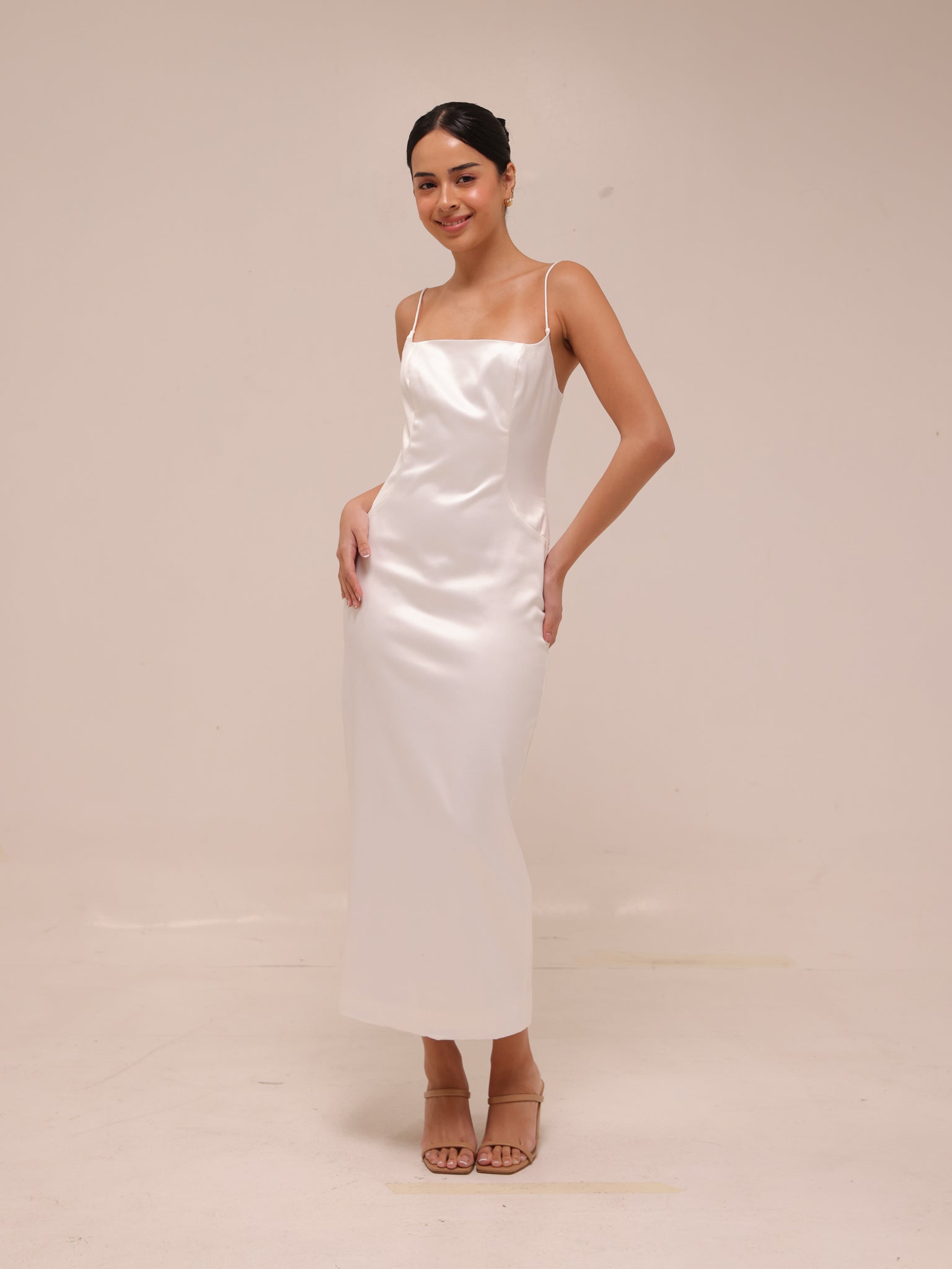 Square-Neck Back-Slit Slim Satin Midi Dress
