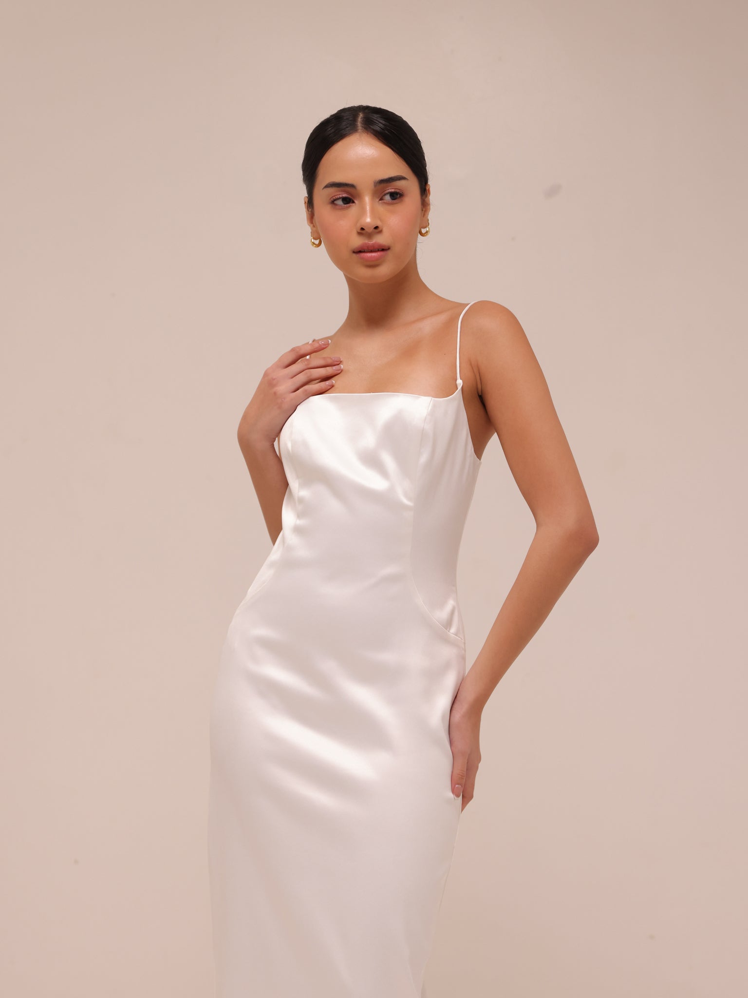 Square-Neck Back-Slit Slim Satin Midi Dress