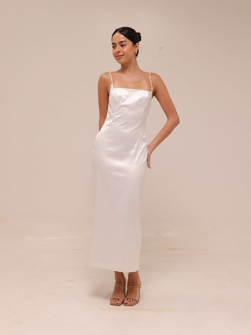 Square-Neck Back-Slit Slim Satin Midi Dress