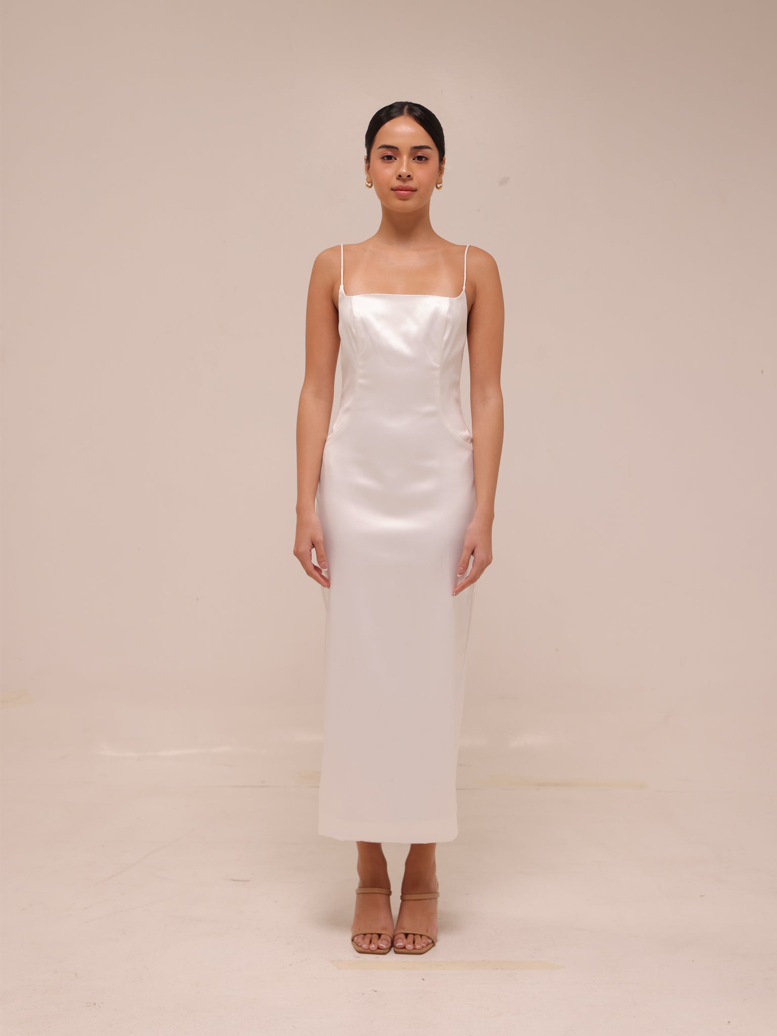Square-Neck Back-Slit Slim Satin Midi Dress