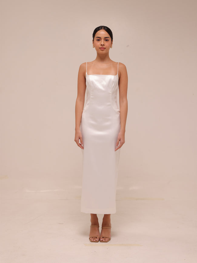 bhldn square neck back slit slim satin midi dress Camille Square-Neck Elegant Design Events White Square Neck Sleeveless Satin