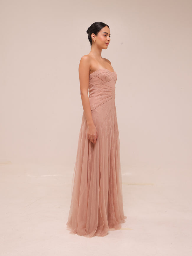 Moriza Power Pink Tulle Lace Gown