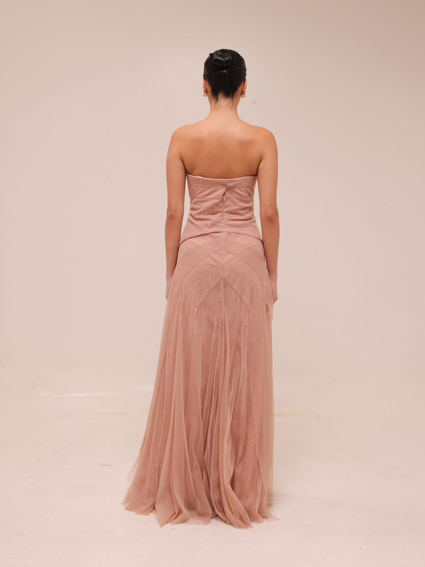 Moriza Power Pink Tulle Lace Gown