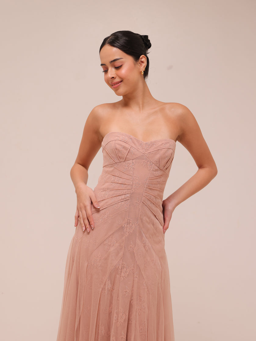 Moriza Power Pink Tulle Lace Gown