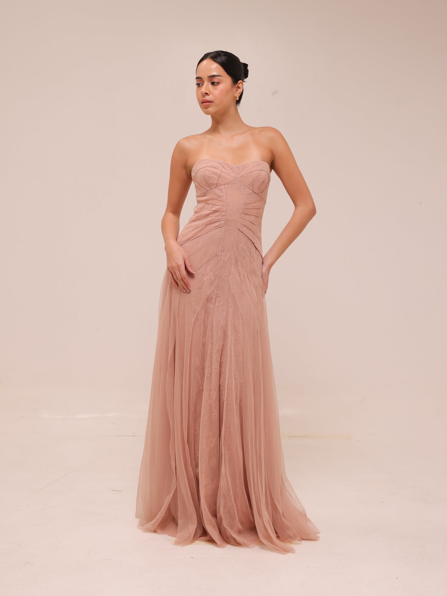 Moriza Power Pink Tulle Lace Gown