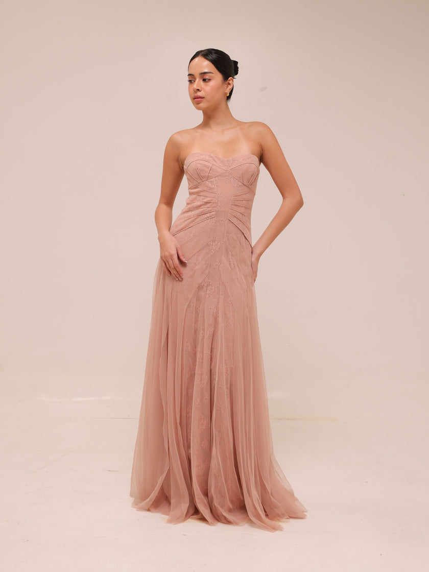 Moriza Power Pink Tulle Lace Gown