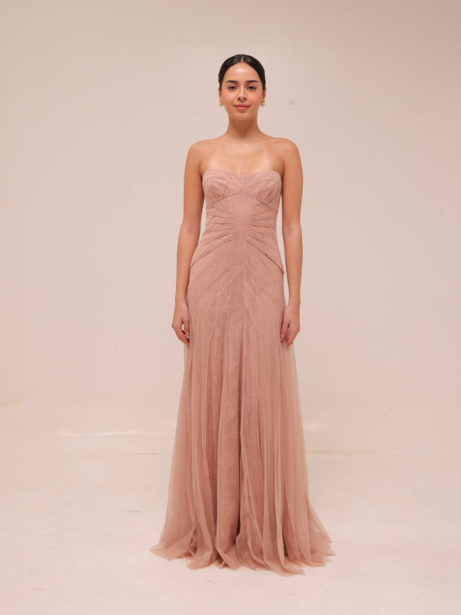 Moriza Power Pink Tulle Lace Gown