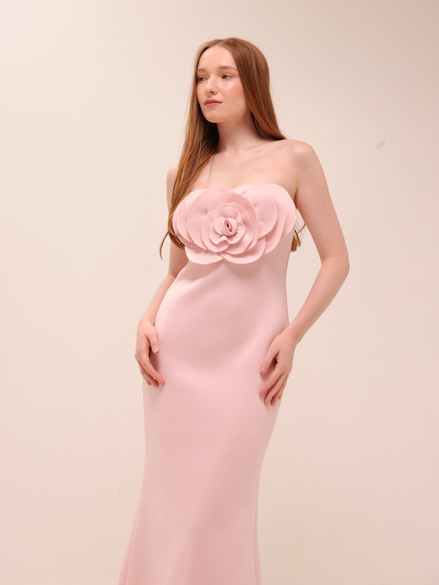 Rosette Scuba Strapless Gown
