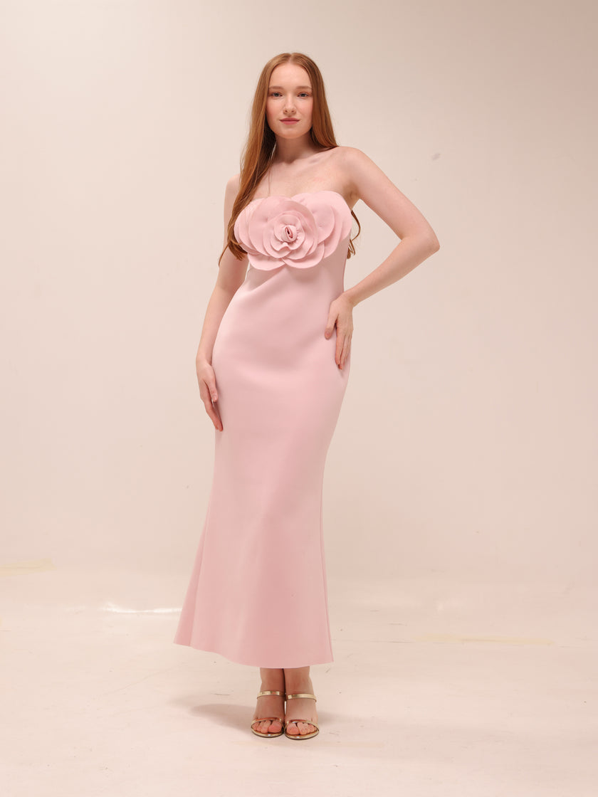 Rosette Scuba Strapless Gown