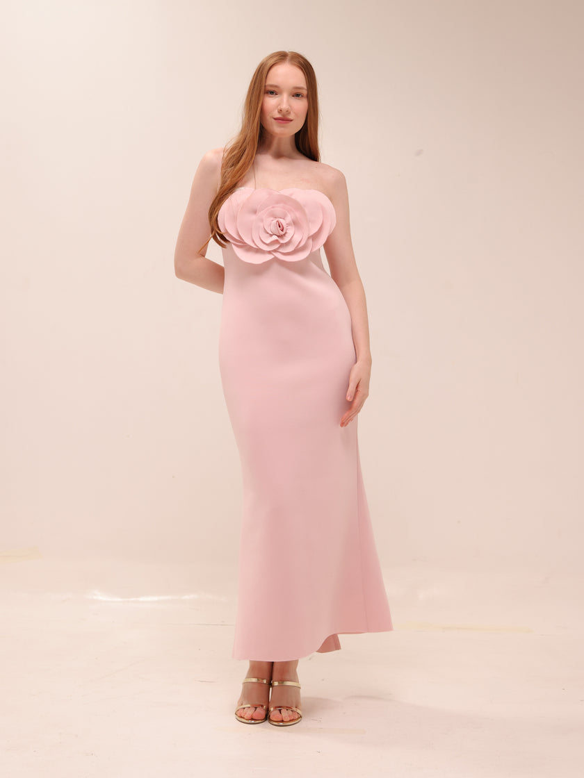 Rosette Scuba Strapless Gown