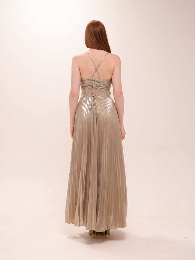 Pleated Metallic Maxi Dress