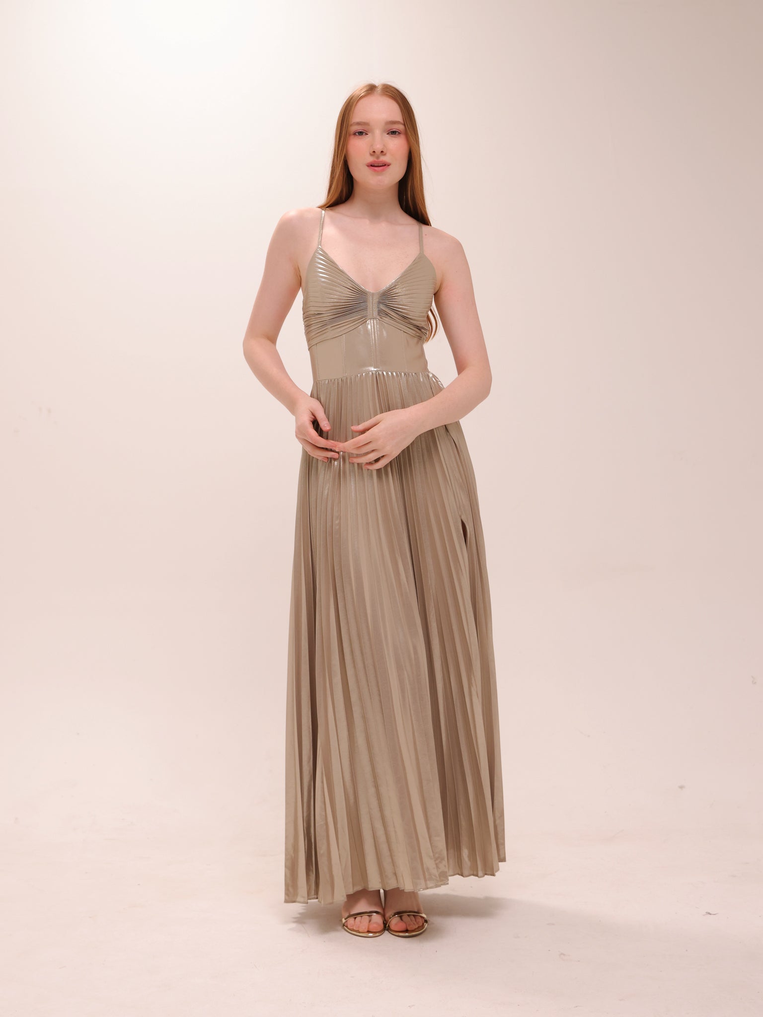 Pleated Metallic Maxi Dress