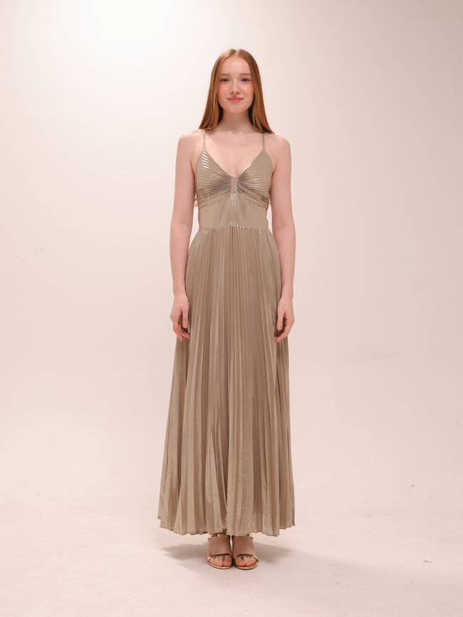 Pleated Metallic Maxi Dress