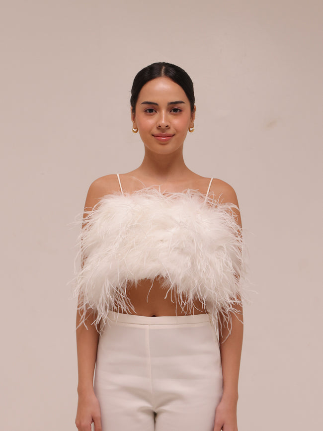Ostrich Feather Bandeau Top White