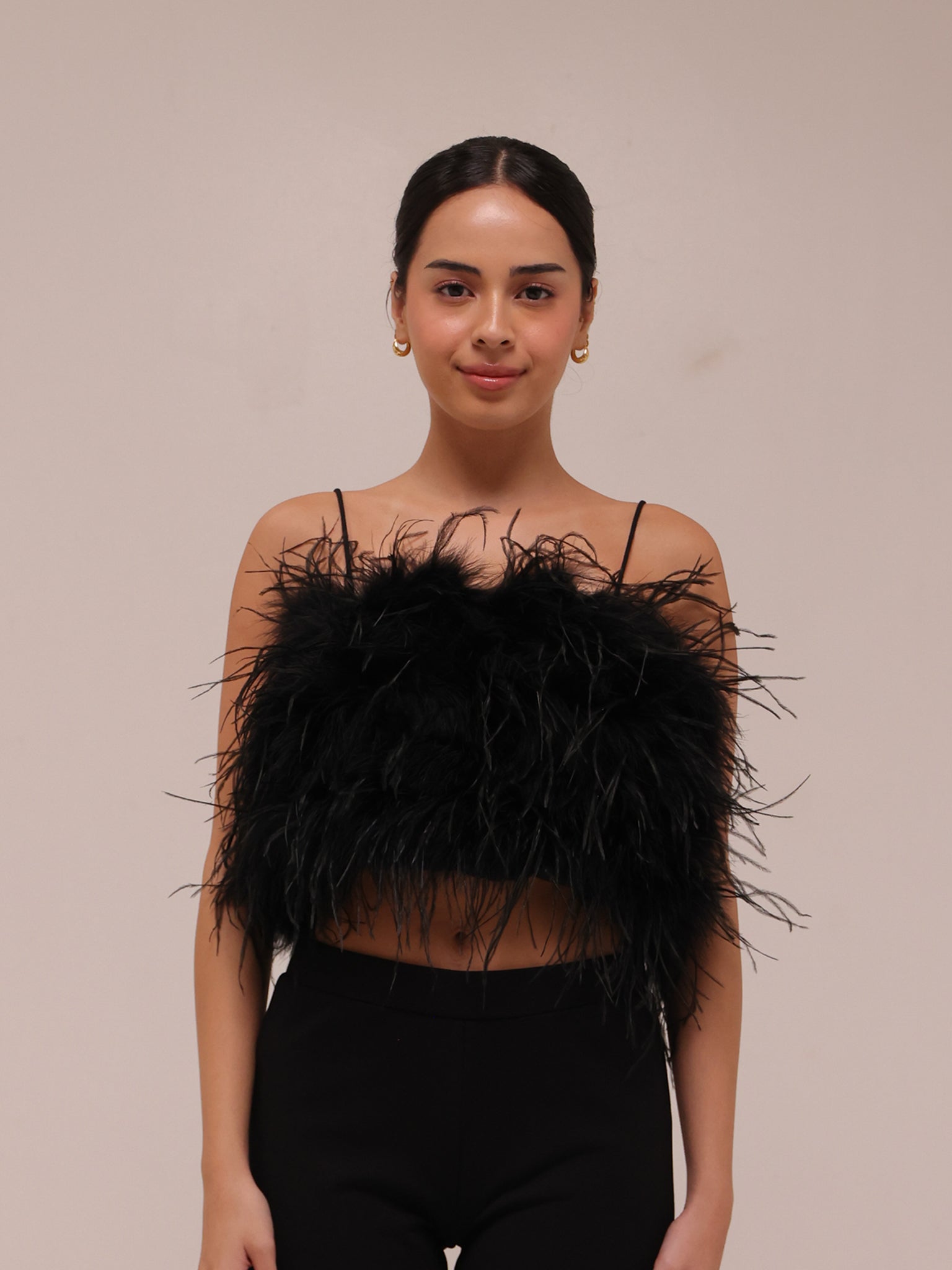 Ostrich Feather Bandeau Top Black
