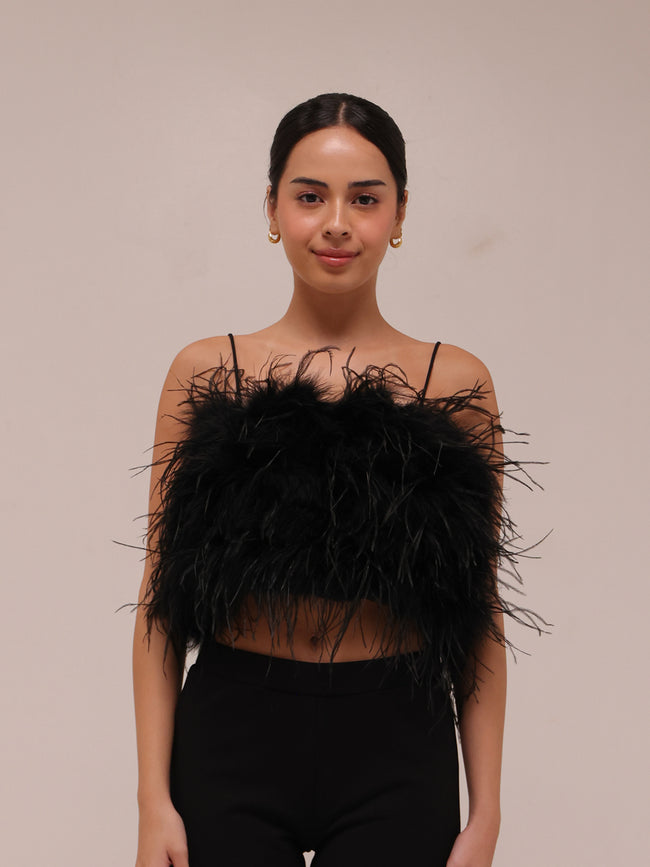 Ostrich Feather Bandeau Top Black