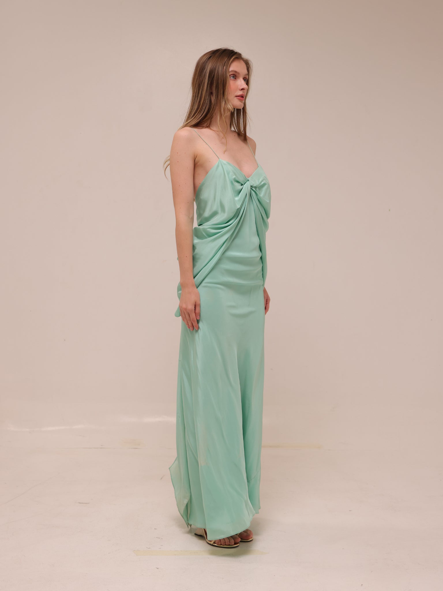 Draped Silk Maxi Dress in Mint