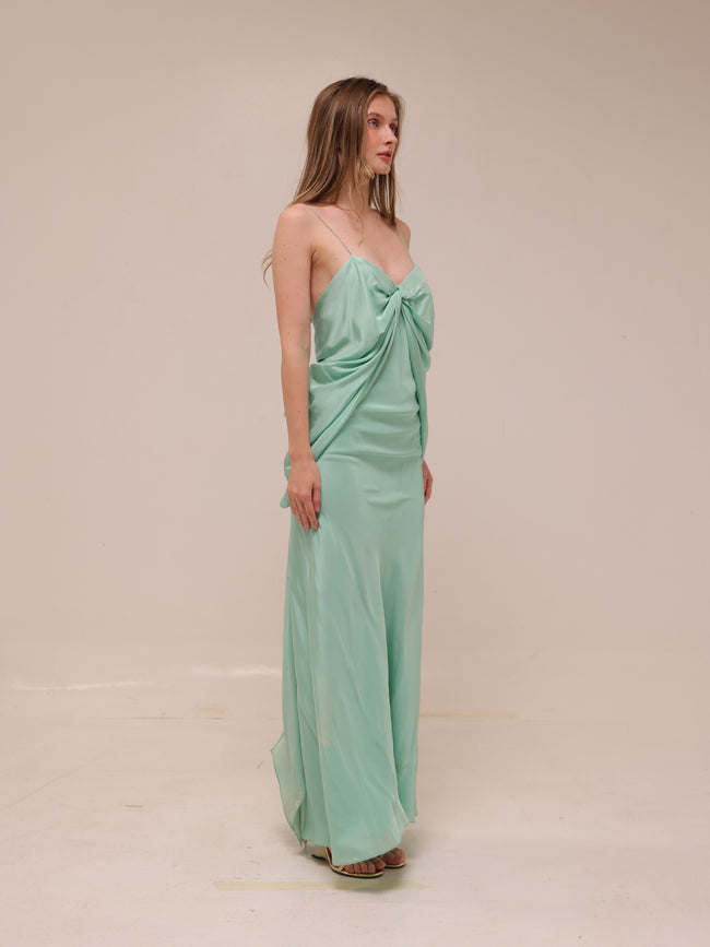 Draped Silk Maxi Dress in Mint