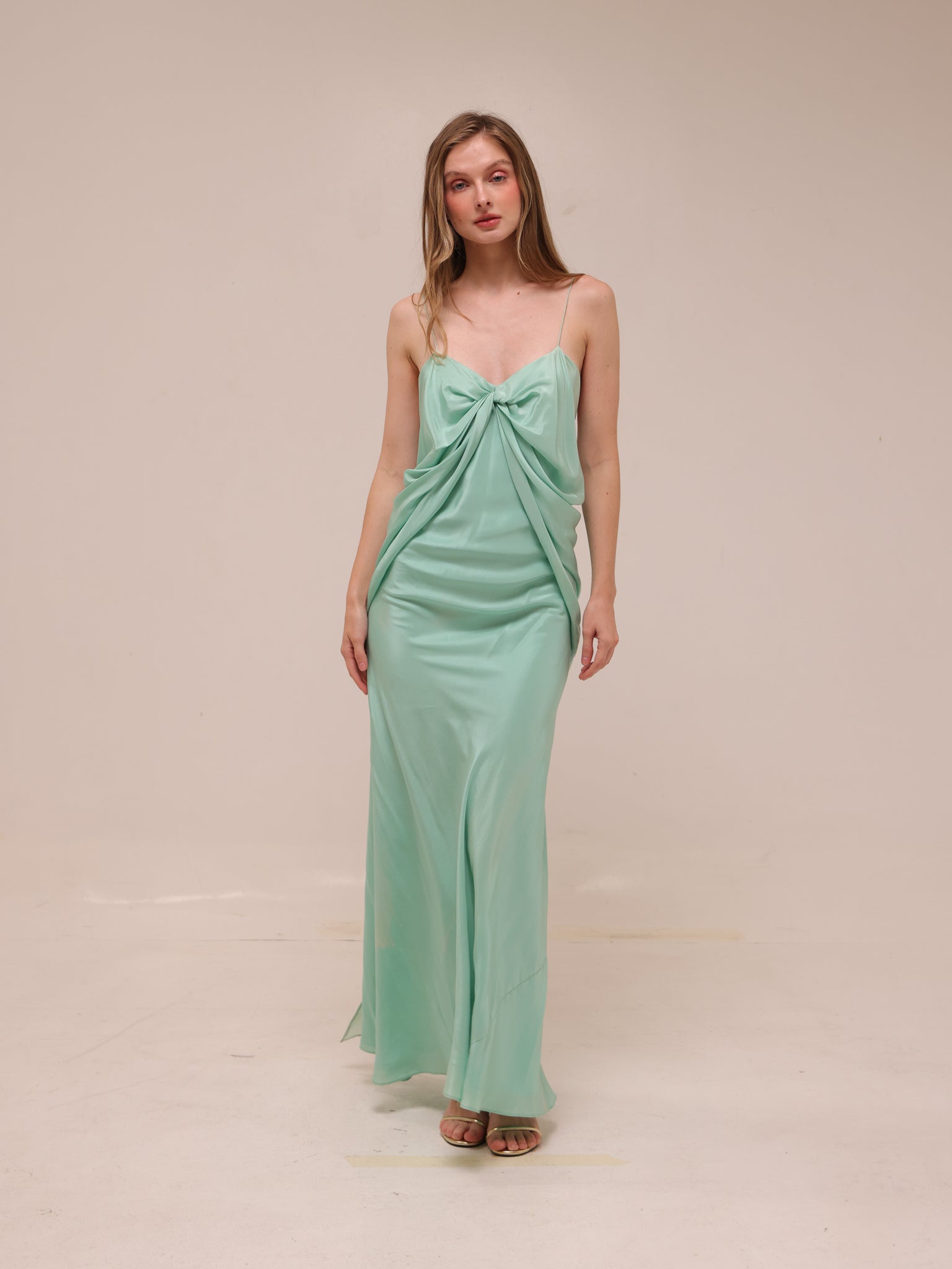 Draped Silk Maxi Dress in Mint