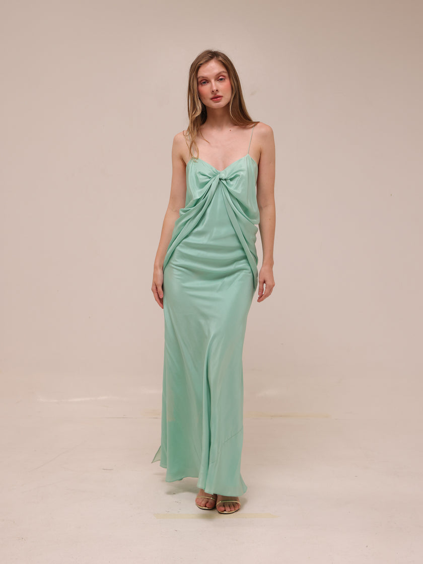 Draped Silk Maxi Dress in Mint