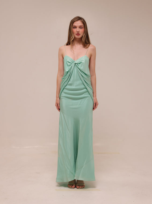Draped Silk Maxi Dress in Mint