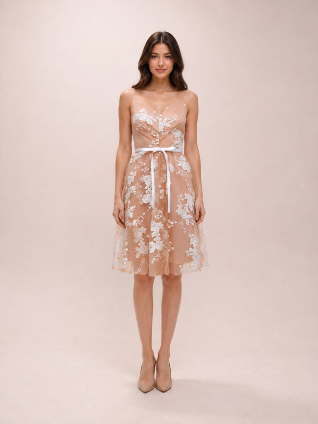 Beige Sequined Floral Spaghetti Strap Dress