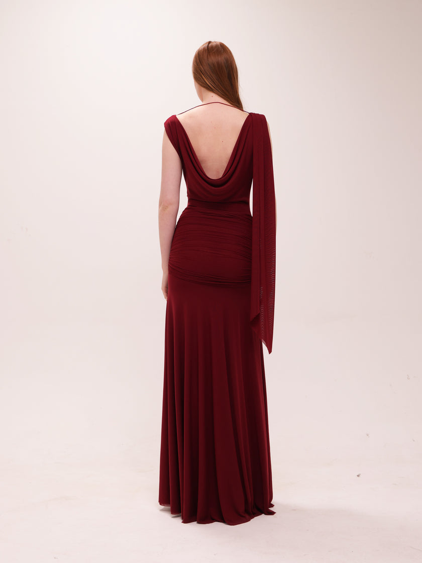 The Solène Drape Maxi Dress in Red