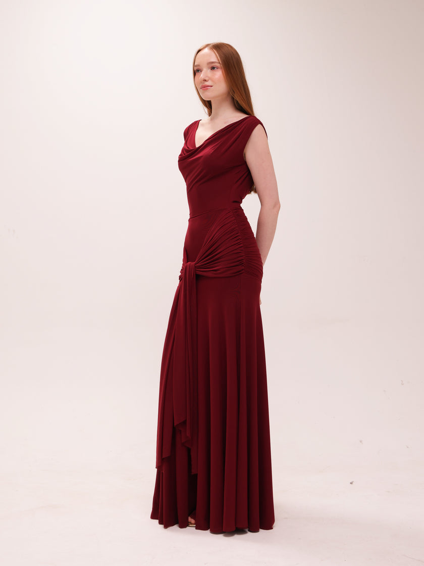 The Solène Drape Maxi Dress in Red