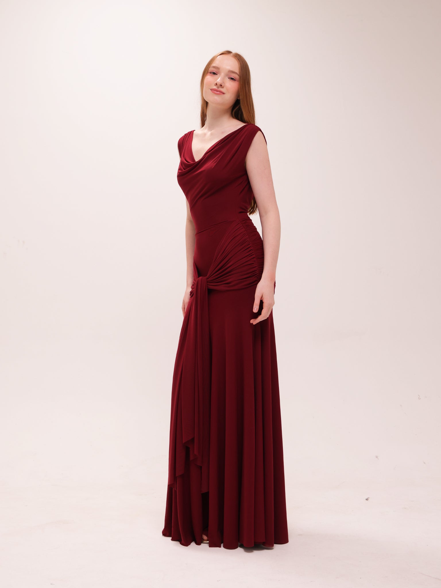The Solène Drape Maxi Dress in Red