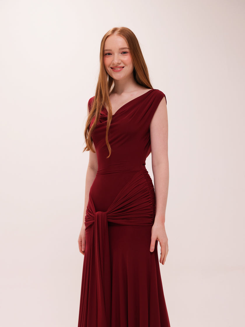 The Solène Drape Maxi Dress in Red
