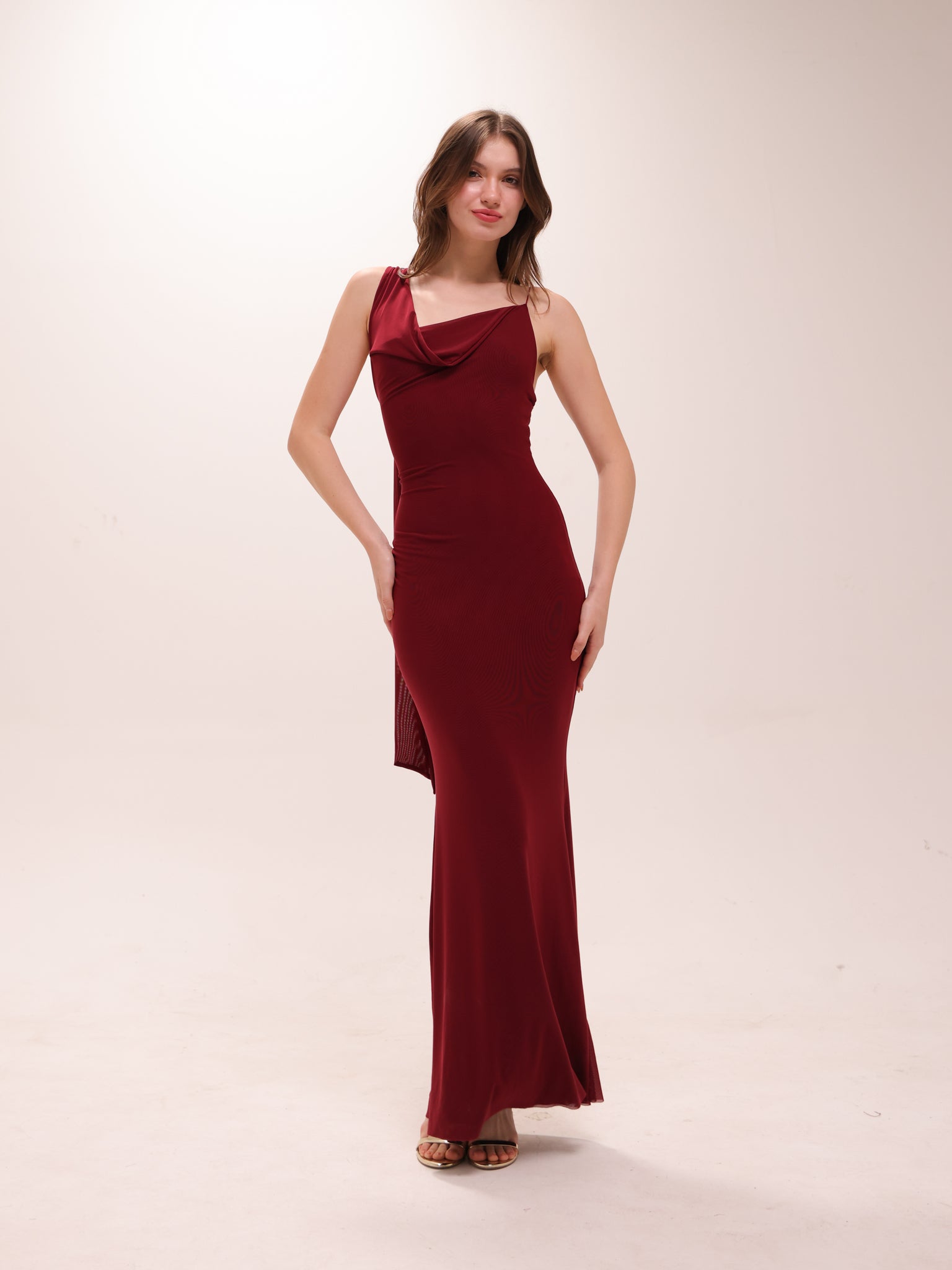 Mesh Halter-Neck Cowl Gown in Red