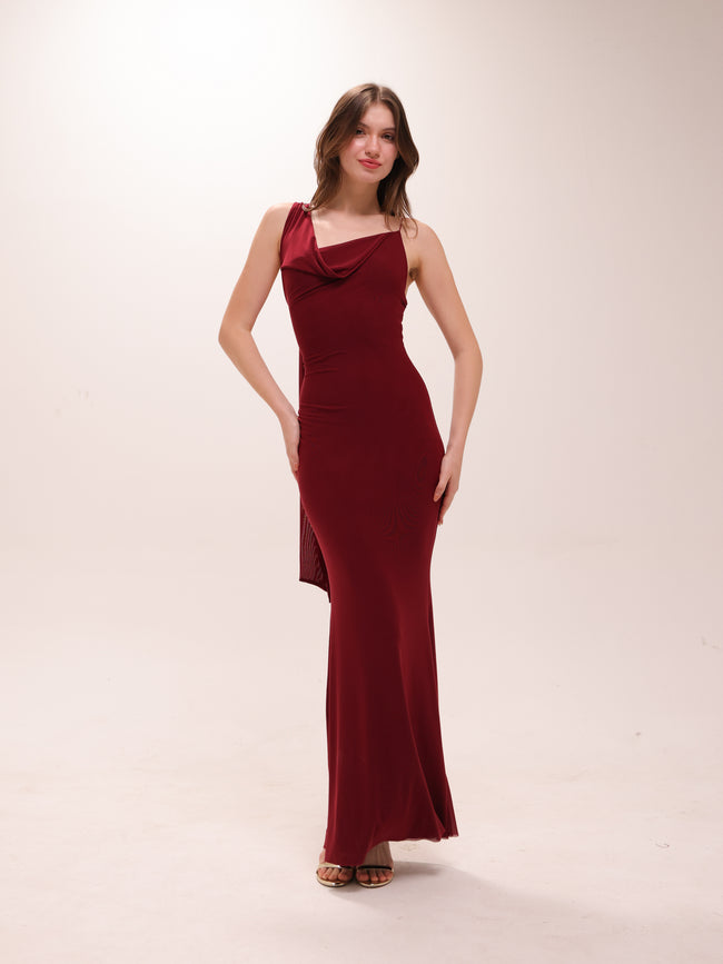 Mesh Halter-Neck Cowl Gown in Red