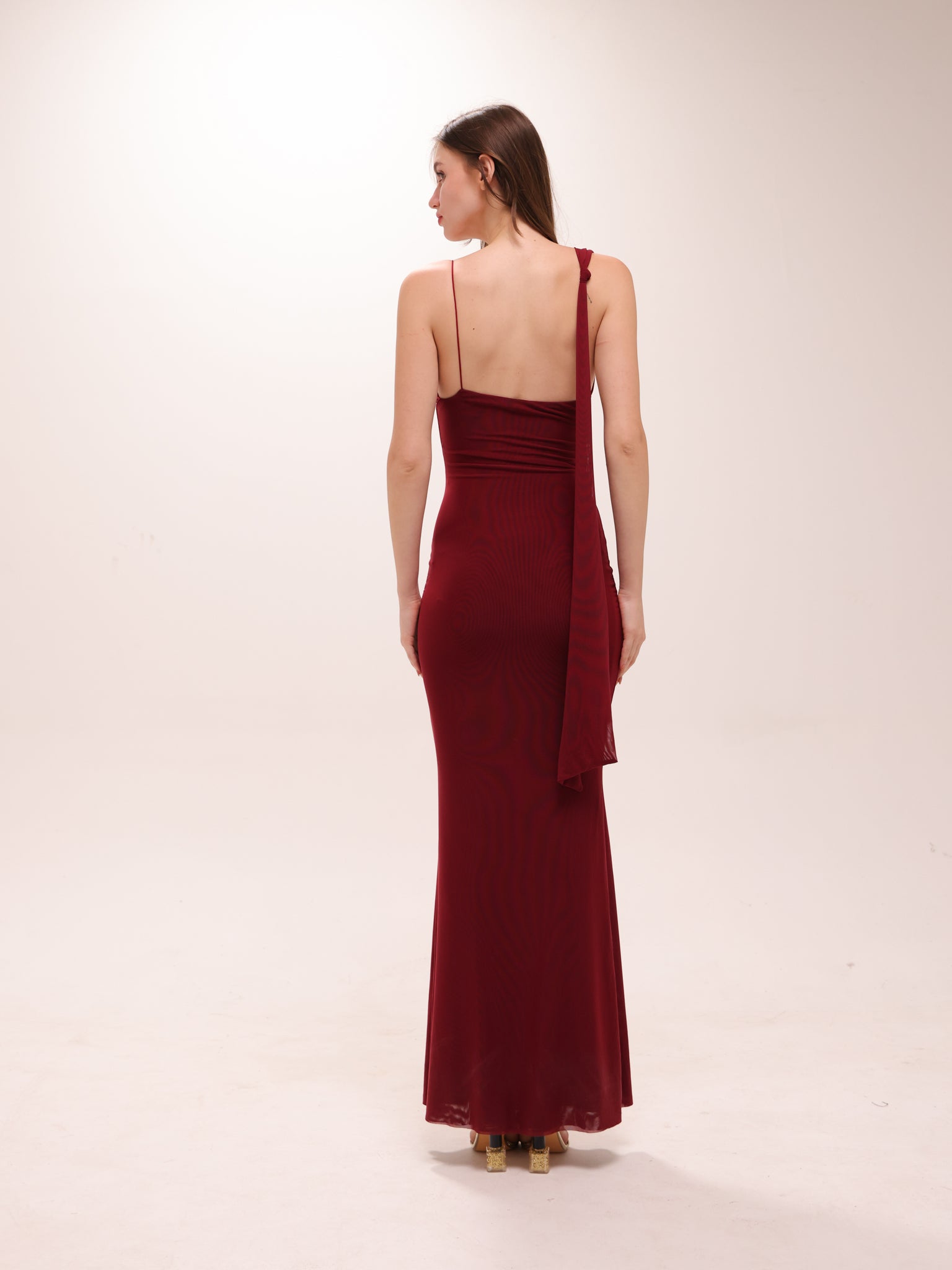 Mesh Halter-Neck Cowl Gown in Red