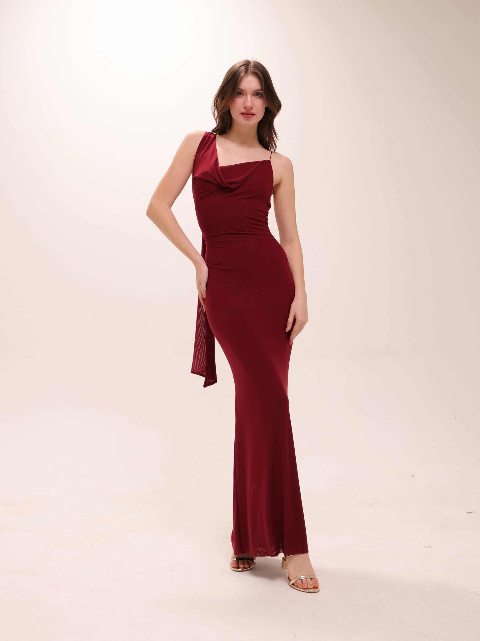 Mesh Halter-Neck Cowl Gown in Red