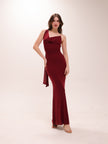 Mesh Halter-Neck Cowl Gown in Red