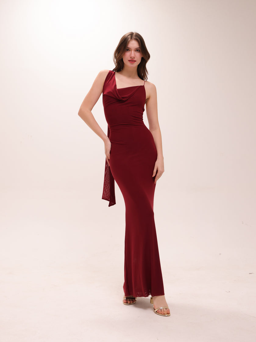 Mesh Halter-Neck Cowl Gown in Red