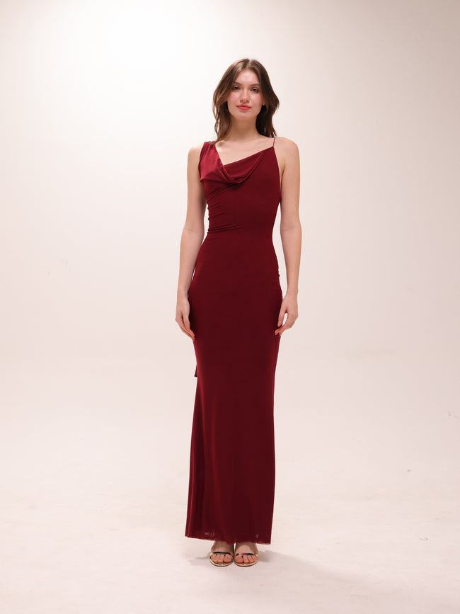 Mesh Halter-Neck Cowl Gown in Red