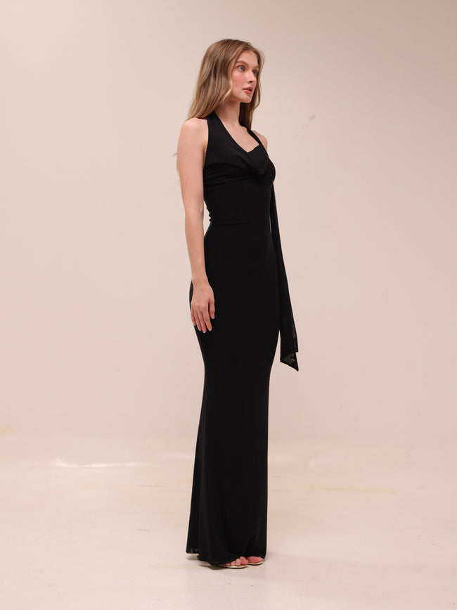 Mesh Halter-Neck Cowl Gown in Black