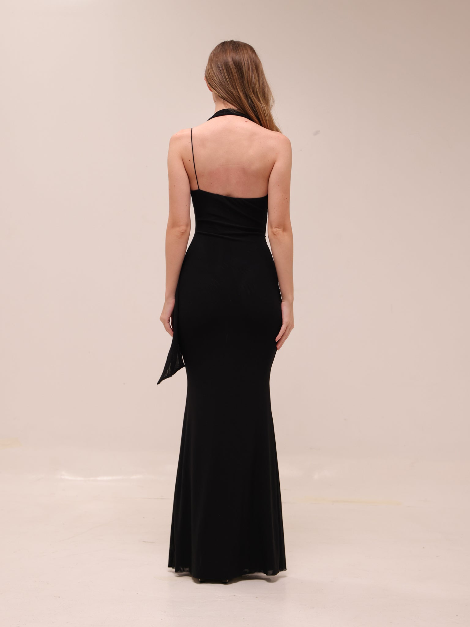 Mesh Halter-Neck Cowl Gown in Black