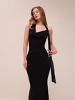 Mesh Halter-Neck Cowl Gown in Black