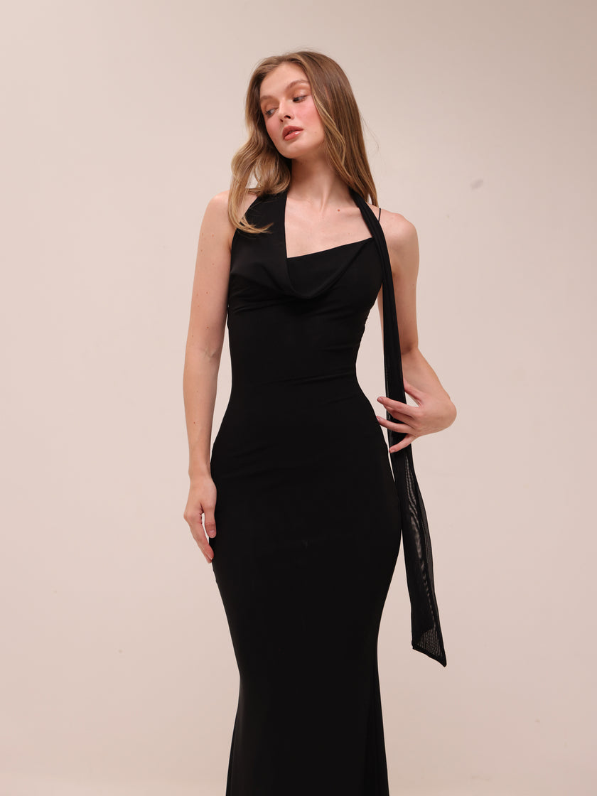 Mesh Halter-Neck Cowl Gown in Black