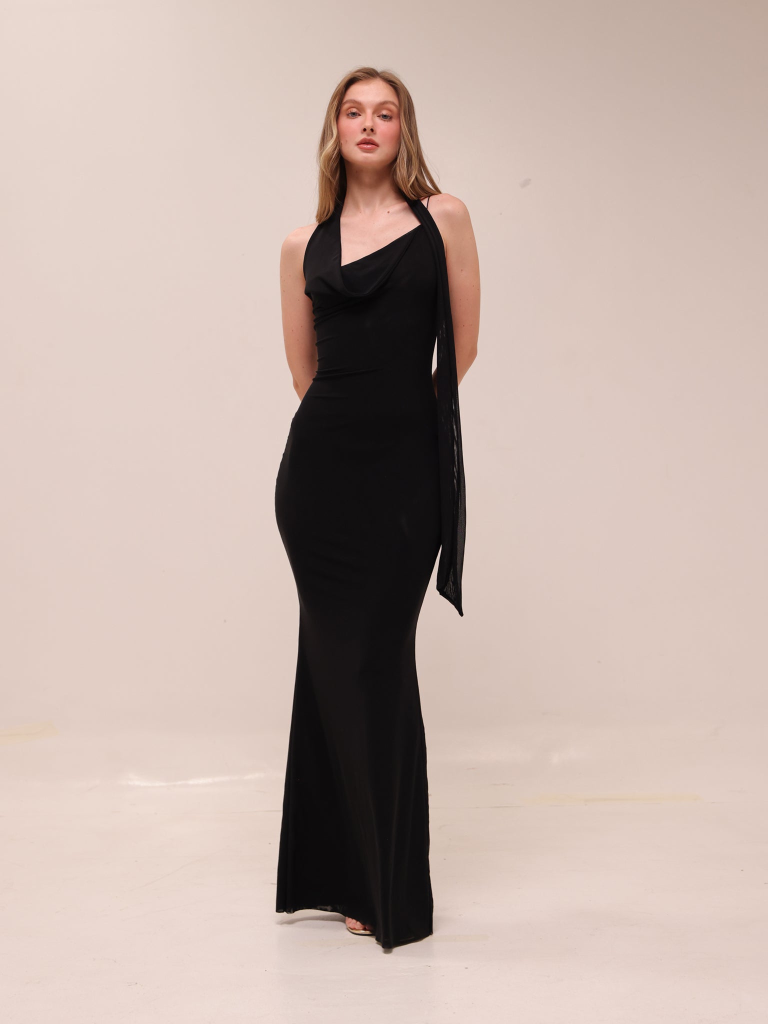 Mesh Halter-Neck Cowl Gown in Black