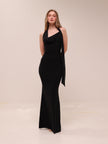 Mesh Halter-Neck Cowl Gown in Black