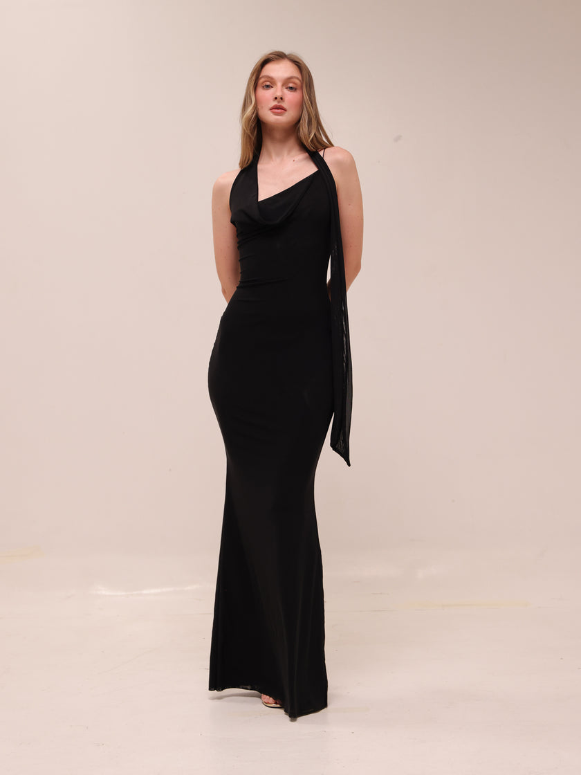 Mesh Halter-Neck Cowl Gown in Black