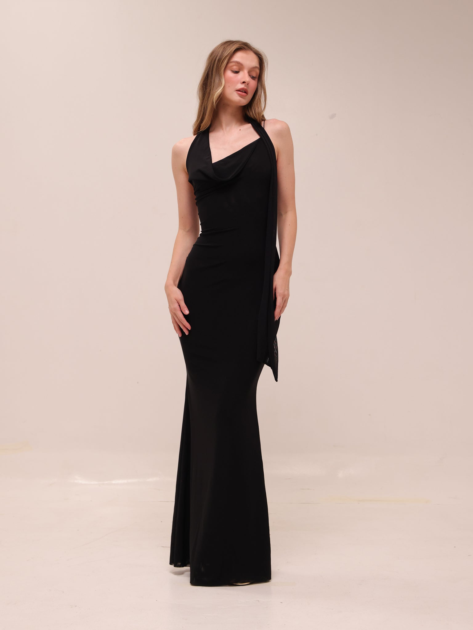 Mesh Halter-Neck Cowl Gown in Black