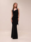 Mesh Halter-Neck Cowl Gown in Black
