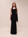 Mesh Halter-Neck Cowl Gown in Black