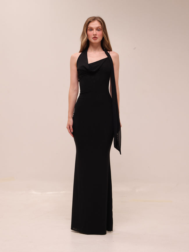 Mesh Halter-Neck Cowl Gown in Black