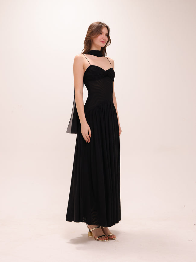 Muse Mesh Halter Gown in Black